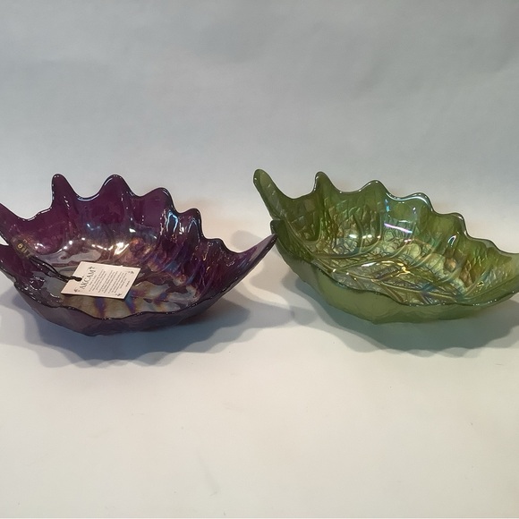 Akcam Glass Bowl Iridescent Frosted Leaf Shape Art Handmade Turkey Green Purple - Picture 3 of 14